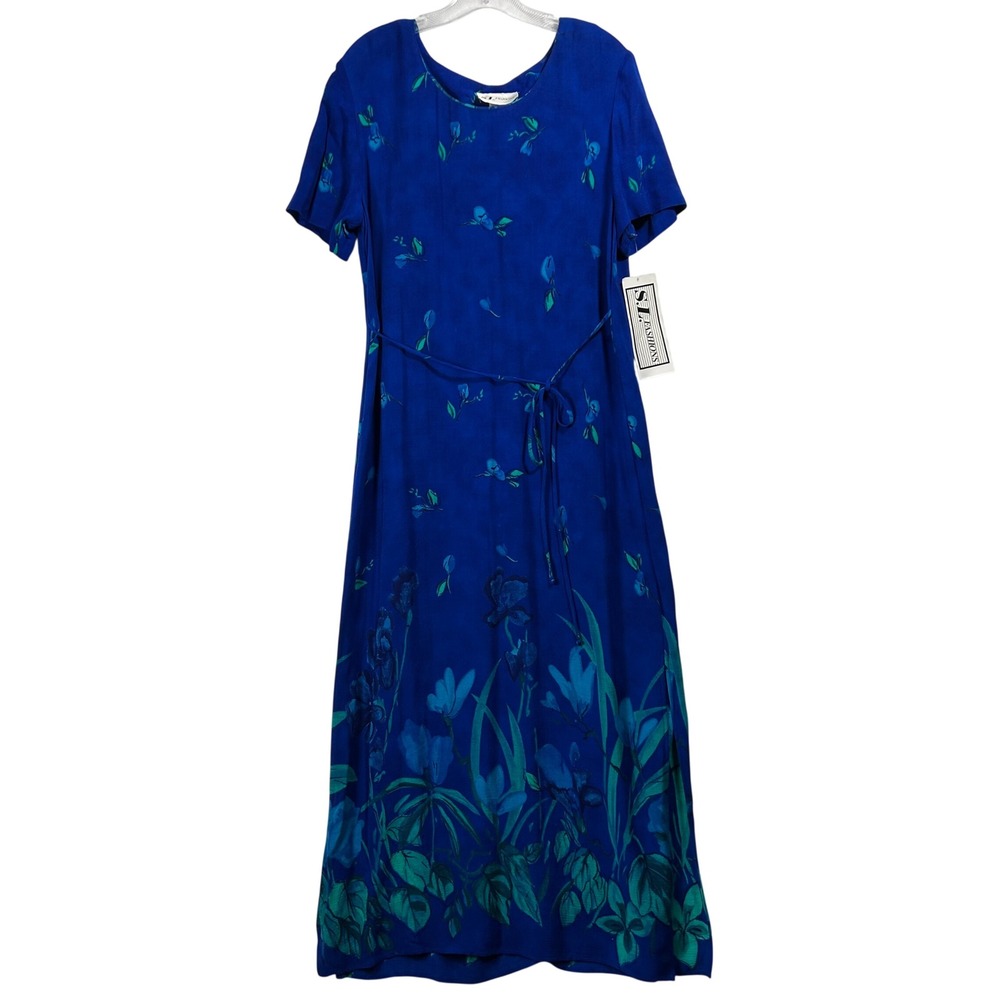 SL Fashions Vintage Blue Floral Rayon Maxi Dress Short Sleeve Tie‎ Waist Size 12